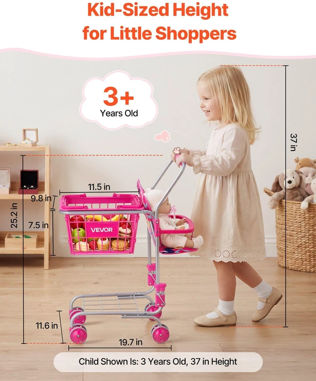 Alt view image 5 of 8 - VEVOR Shopping Cart for Kids, Sturdy Metal Frame, Toy Shopping Cart with Baby Doll, 4 Rolling Wheels, Doll Seat Carrier, Grocery Pretend Play Toy Trolley, Folds for Easy Storage, for Toddlers Ages 3+