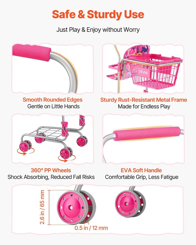 Alt view image 6 of 8 - VEVOR Shopping Cart for Kids, Sturdy Metal Frame, Toy Shopping Cart with Baby Doll, 4 Rolling Wheels, Doll Seat Carrier, Grocery Pretend Play Toy Trolley, Folds for Easy Storage, for Toddlers Ages 3+