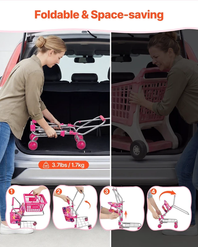 Alt view image 7 of 8 - VEVOR Shopping Cart for Kids, Sturdy Metal Frame, Toy Shopping Cart with Baby Doll, 4 Rolling Wheels, Doll Seat Carrier, Grocery Pretend Play Toy Trolley, Folds for Easy Storage, for Toddlers Ages 3+