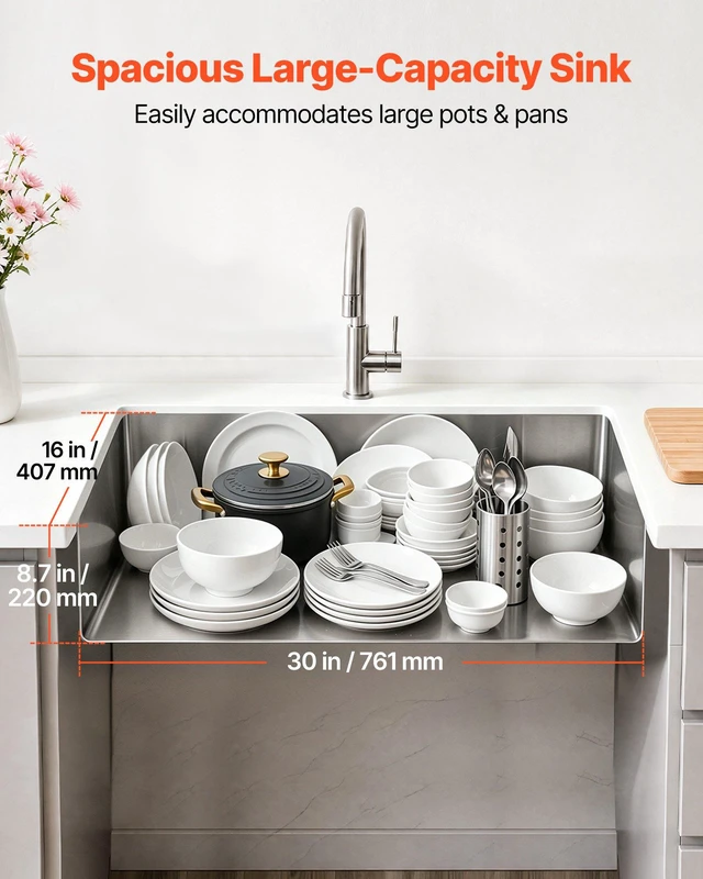 Alt view image 2 of 8 - VEVOR 32-inch Kitchen Undermount Single Bowl Sinks, Stainless Steel Drop-In Farmhouse Basin with Accessories, Household Dishwasher Sinks for RV, Prep Kitchen, Laundry Room, Bar