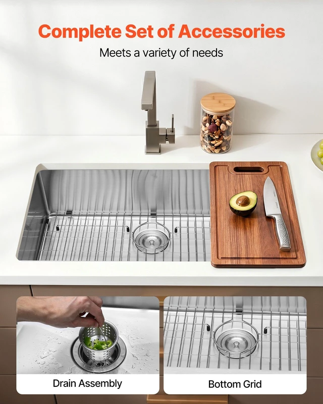 Alt view image 4 of 8 - VEVOR 32-inch Kitchen Undermount Single Bowl Sinks, Stainless Steel Drop-In Farmhouse Basin with Accessories, Household Dishwasher Sinks for RV, Prep Kitchen, Laundry Room, Bar