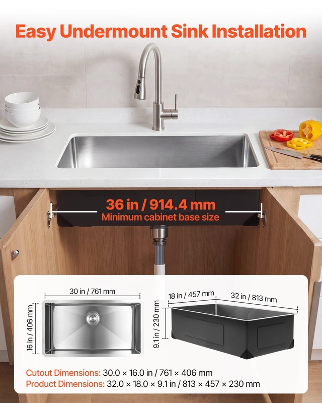 Alt view image 7 of 8 - VEVOR 32-inch Kitchen Undermount Single Bowl Sinks, Stainless Steel Drop-In Farmhouse Basin with Accessories, Household Dishwasher Sinks for RV, Prep Kitchen, Laundry Room, Bar