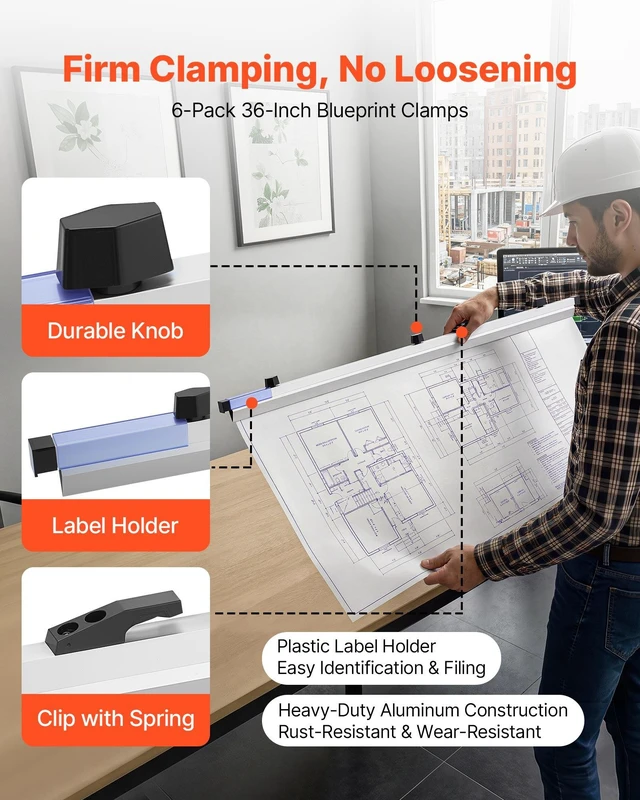 Alt view image 2 of 8 - VEVOR Blueprint Clamps, 36 Inches, Blueprint Hanging Clips Binding Strips, Aluminum Construction, Large Document Storage, for Blue Print, Maps, Construction Paper Poster Plans Drawings Arts, Pack of 6