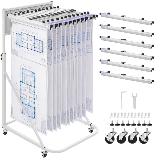 Main image of VEVOR Blueprint Storage Rack, Steel, Mobile Adjustable Blueprint Holder with 6 Pack of 24 Inch Aluminum Clamps, 4 Wheels, Display Rack Storage Organizer Stand, for File Display Plan Poster Office Home