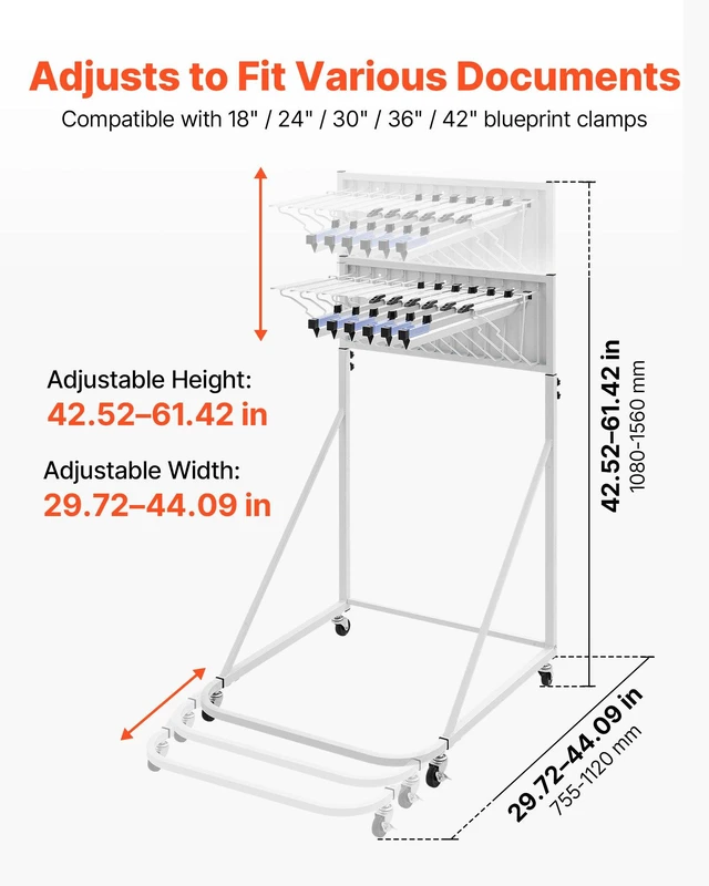 Alt view image 3 of 8 - VEVOR Blueprint Storage Rack, Steel, Mobile Adjustable Blueprint Holder with 6 Pack of 24 Inch Aluminum Clamps, 4 Wheels, Display Rack Storage Organizer Stand, for File Display Plan Poster Office Home
