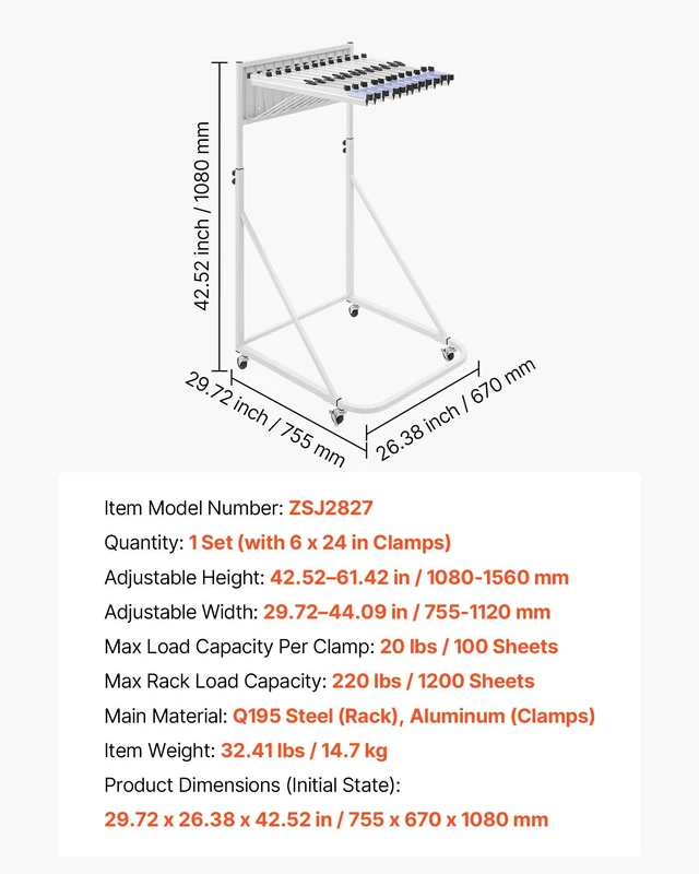Alt view image 7 of 8 - VEVOR Blueprint Storage Rack, Steel, Mobile Adjustable Blueprint Holder with 6 Pack of 24 Inch Aluminum Clamps, 4 Wheels, Display Rack Storage Organizer Stand, for File Display Plan Poster Office Home