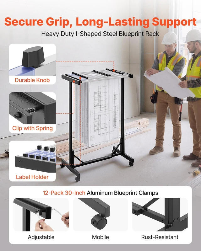Alt view image 2 of 8 - VEVOR Blueprint Storage Rack, Steel, Mobile Adjustable Blueprint Holder with 12 Pack of 30 Inch Aluminum Clamps, Wheels, Display Rack Storage Organizer Stand, for File Display Plan Poster Office Home