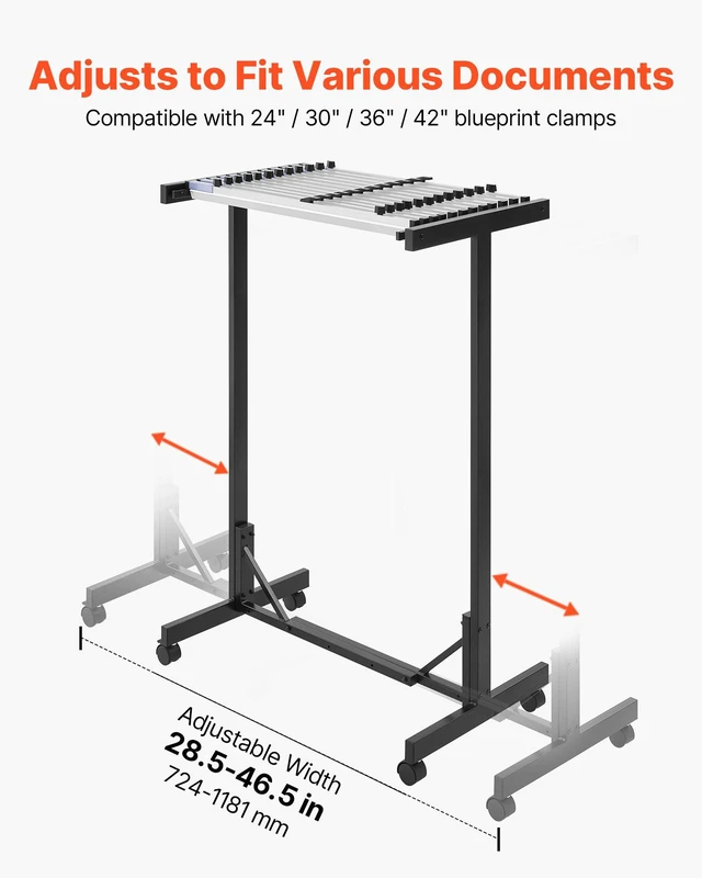 Alt view image 3 of 8 - VEVOR Blueprint Storage Rack, Steel, Mobile Adjustable Blueprint Holder with 12 Pack of 30 Inch Aluminum Clamps, Wheels, Display Rack Storage Organizer Stand, for File Display Plan Poster Office Home