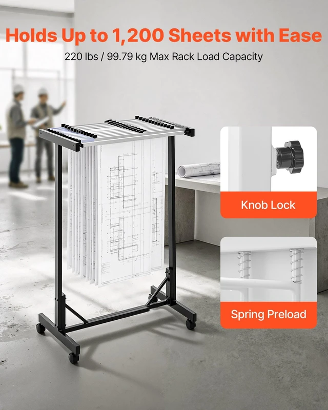 Alt view image 4 of 8 - VEVOR Blueprint Storage Rack, Steel, Mobile Adjustable Blueprint Holder with 12 Pack of 30 Inch Aluminum Clamps, Wheels, Display Rack Storage Organizer Stand, for File Display Plan Poster Office Home
