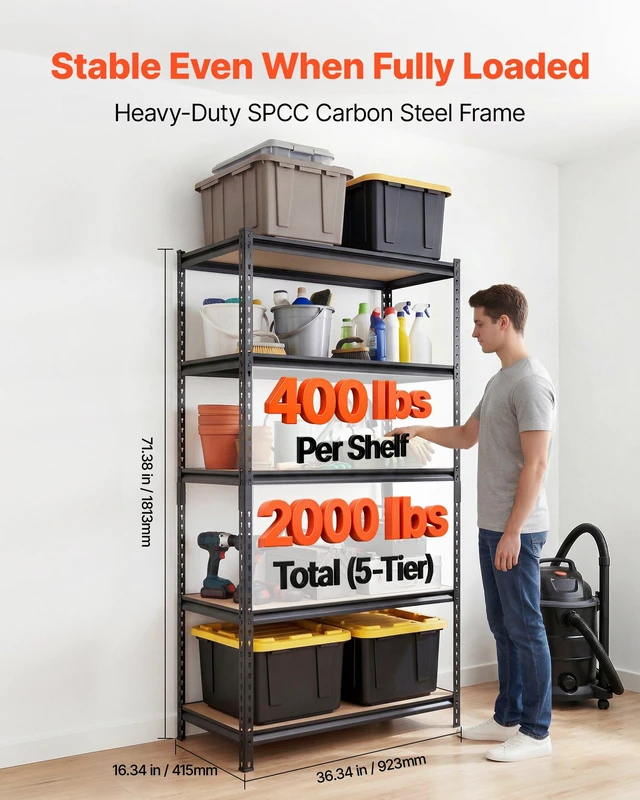 Alt view image 2 of 8 - VEVOR Storage Shelves, 5-Tier Adjustable, 2000 lbs Capacity, Heavy Duty Garage Storage Shelving Unit, Metal Utility Rack Shelf, for Garage Warehouse Basement Kitchen, 36.34" W x 16.34" D x 71.38" H