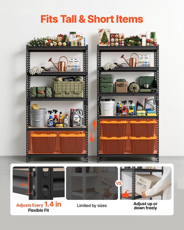 Alt view image 3 of 8 - VEVOR Storage Shelves, 5-Tier Adjustable, 2000 lbs Capacity, Heavy Duty Garage Storage Shelving Unit, Metal Utility Rack Shelf, for Garage Warehouse Basement Kitchen, 36.34" W x 16.34" D x 71.38" H