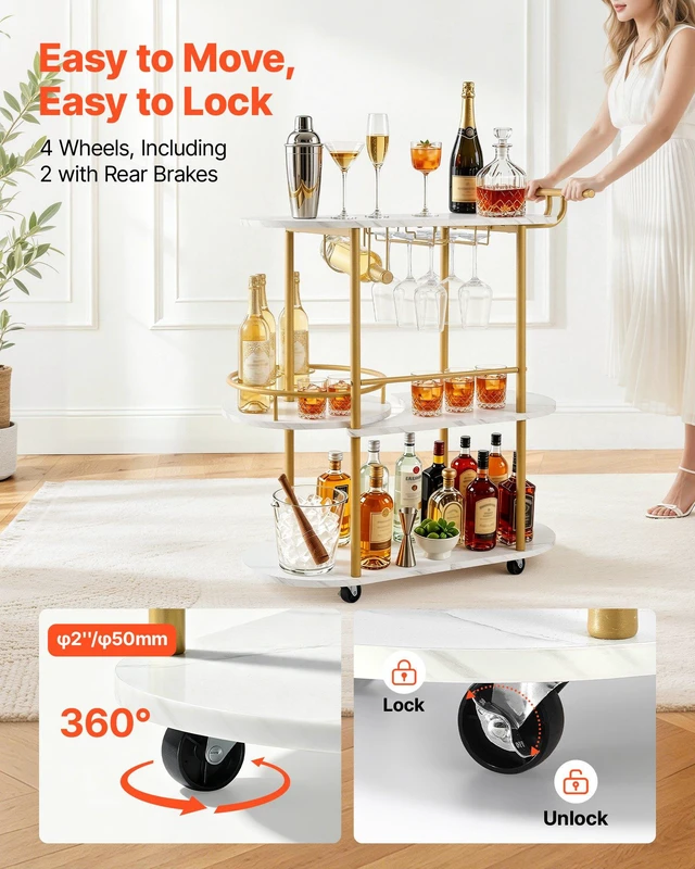 Alt view image 3 of 8 - VEVOR Bar Cart, 3 Tiers Home Kitchen Serving Carts, Modern Round Rolling Utility Station on Wheels, Mobile Drink Beverage Trolley w/ Wooden Shelf, Wine Rack, Glass Holder, for Living Dining Room, Gold