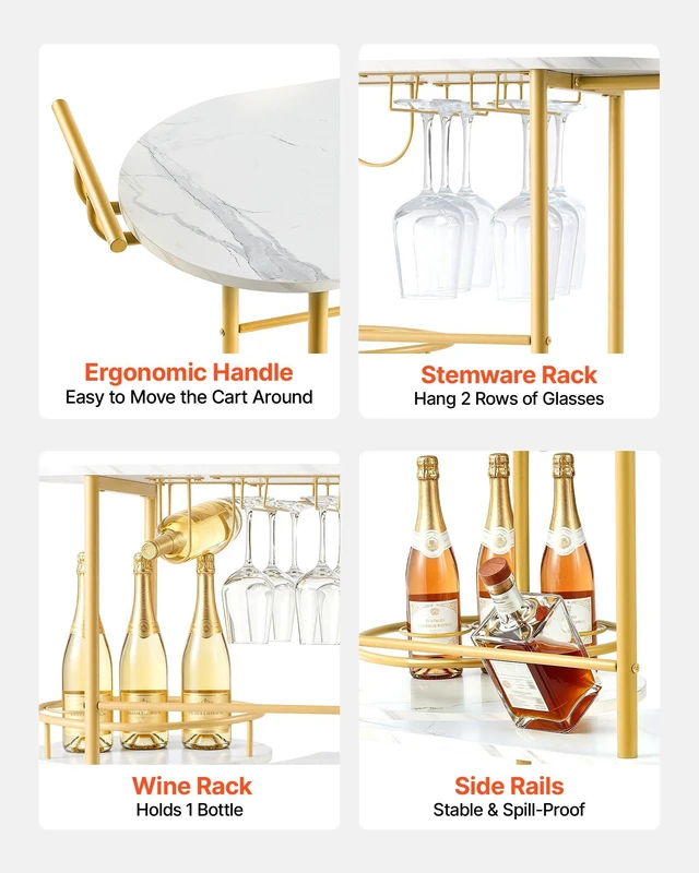 Alt view image 4 of 8 - VEVOR Bar Cart, 3 Tiers Home Kitchen Serving Carts, Modern Round Rolling Utility Station on Wheels, Mobile Drink Beverage Trolley w/ Wooden Shelf, Wine Rack, Glass Holder, for Living Dining Room, Gold