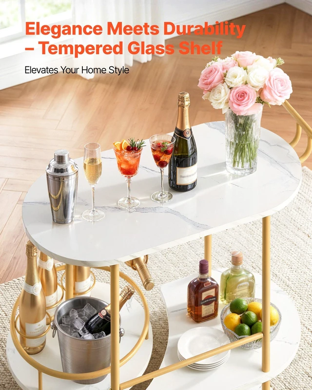 Alt view image 6 of 8 - VEVOR Bar Cart, 3 Tiers Home Kitchen Serving Carts, Modern Round Rolling Utility Station on Wheels, Mobile Drink Beverage Trolley w/ Wooden Shelf, Wine Rack, Glass Holder, for Living Dining Room, Gold