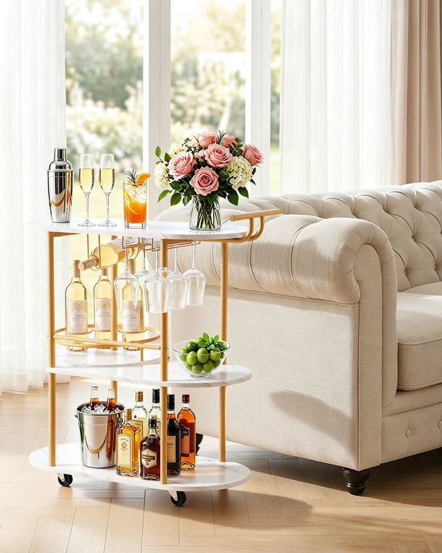 Alt view image 7 of 8 - VEVOR Bar Cart, 3 Tiers Home Kitchen Serving Carts, Modern Round Rolling Utility Station on Wheels, Mobile Drink Beverage Trolley w/ Wooden Shelf, Wine Rack, Glass Holder, for Living Dining Room, Gold