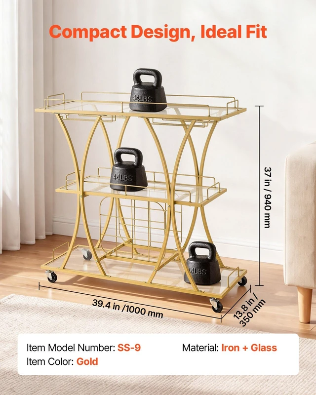 Alt view image 2 of 8 - VEVOR Bar Cart, 3 Tiers Home Kitchen Serving Carts, Modern Rolling Utility Station on Wheels, Drink Beverage Trolley with Tempered Glass Shelves, Wine Rack, Glass Holder, for Living Dining Room, Gold