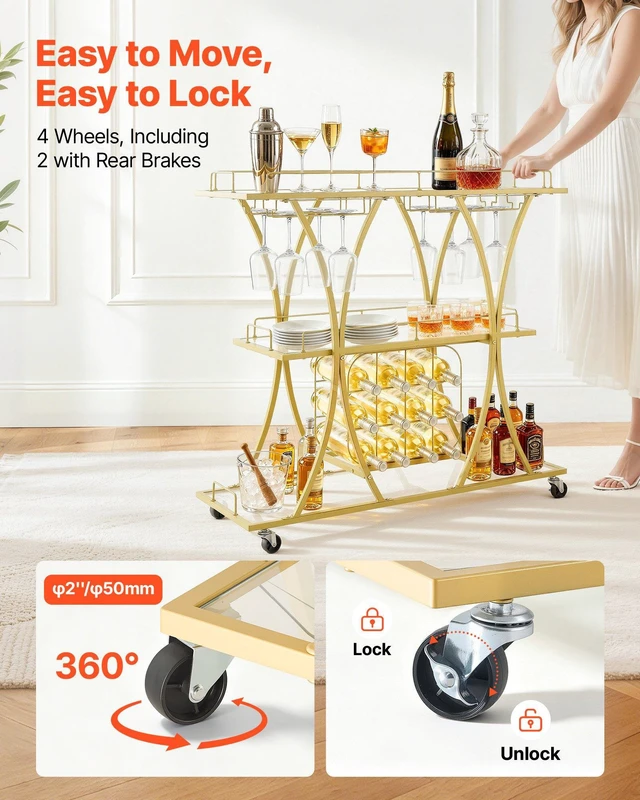 Alt view image 3 of 8 - VEVOR Bar Cart, 3 Tiers Home Kitchen Serving Carts, Modern Rolling Utility Station on Wheels, Drink Beverage Trolley with Tempered Glass Shelves, Wine Rack, Glass Holder, for Living Dining Room, Gold
