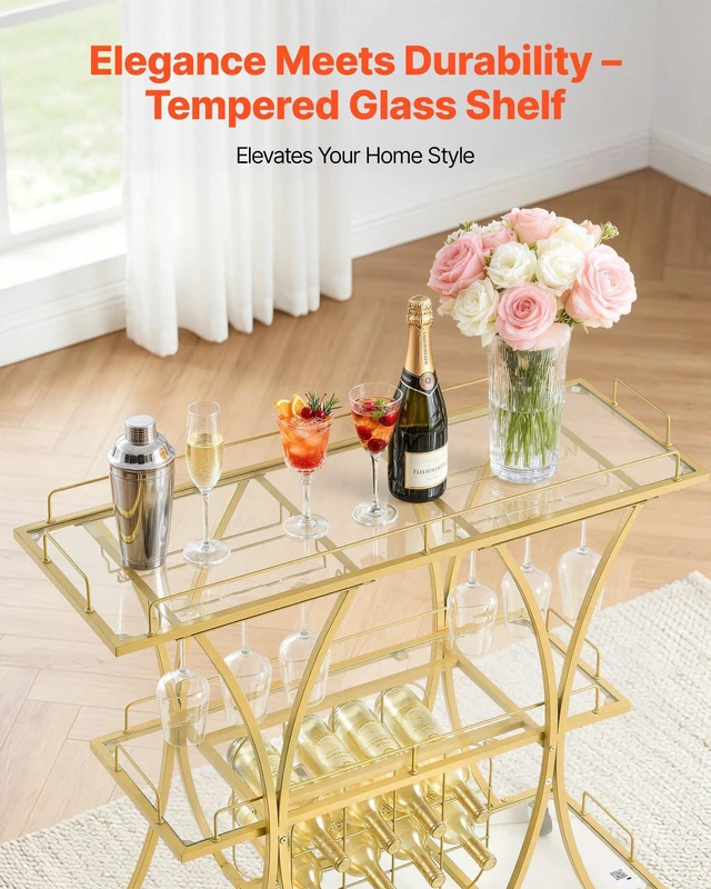 Alt view image 5 of 8 - VEVOR Bar Cart, 3 Tiers Home Kitchen Serving Carts, Modern Rolling Utility Station on Wheels, Drink Beverage Trolley with Tempered Glass Shelves, Wine Rack, Glass Holder, for Living Dining Room, Gold