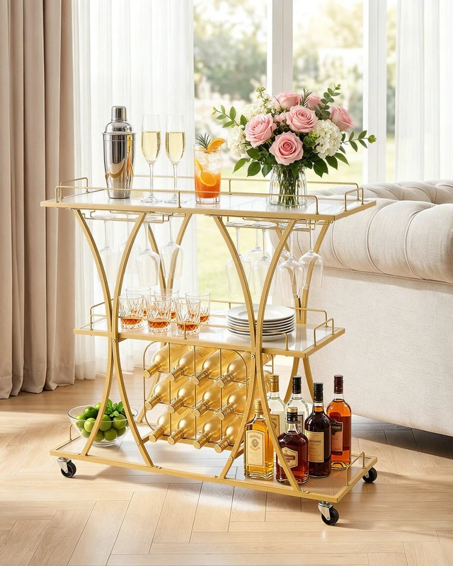 Alt view image 6 of 8 - VEVOR Bar Cart, 3 Tiers Home Kitchen Serving Carts, Modern Rolling Utility Station on Wheels, Drink Beverage Trolley with Tempered Glass Shelves, Wine Rack, Glass Holder, for Living Dining Room, Gold