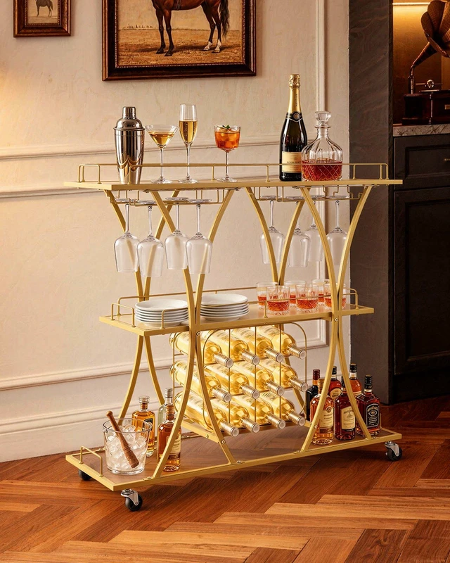 Alt view image 7 of 8 - VEVOR Bar Cart, 3 Tiers Home Kitchen Serving Carts, Modern Rolling Utility Station on Wheels, Drink Beverage Trolley with Tempered Glass Shelves, Wine Rack, Glass Holder, for Living Dining Room, Gold