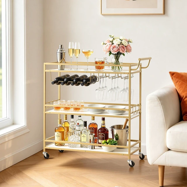 Main image of VEVOR Bar Cart, 3 Tiers Home Kitchen Serving Carts, Modern Rolling Utility Station on Wheels, Mobile Drink Beverage Trolley with Wooden Shelf, Wine Rack, and Glass Holder, 35.83x12.99x36.81 in, Gold