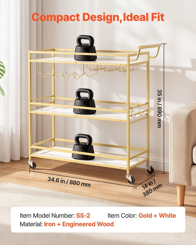 Alt view image 2 of 8 - VEVOR Bar Cart, 3 Tiers Home Kitchen Serving Carts, Modern Rolling Utility Station on Wheels, Mobile Drink Beverage Trolley with Wooden Shelf, Wine Rack, and Glass Holder, 35.83x12.99x36.81 in, Gold