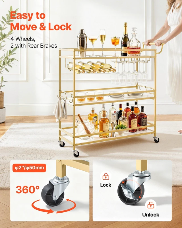 Alt view image 3 of 8 - VEVOR Bar Cart, 3 Tiers Home Kitchen Serving Carts, Modern Rolling Utility Station on Wheels, Mobile Drink Beverage Trolley with Wooden Shelf, Wine Rack, and Glass Holder, 35.83x12.99x36.81 in, Gold