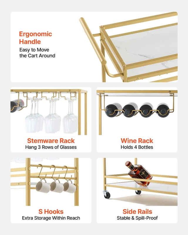 Alt view image 4 of 8 - VEVOR Bar Cart, 3 Tiers Home Kitchen Serving Carts, Modern Rolling Utility Station on Wheels, Mobile Drink Beverage Trolley with Wooden Shelf, Wine Rack, and Glass Holder, 35.83x12.99x36.81 in, Gold