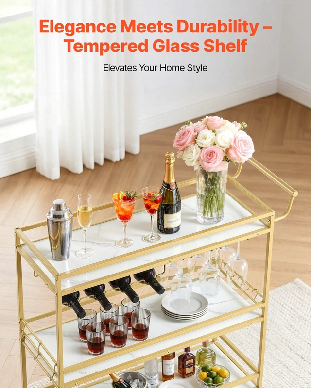 Alt view image 5 of 8 - VEVOR Bar Cart, 3 Tiers Home Kitchen Serving Carts, Modern Rolling Utility Station on Wheels, Mobile Drink Beverage Trolley with Wooden Shelf, Wine Rack, and Glass Holder, 35.83x12.99x36.81 in, Gold
