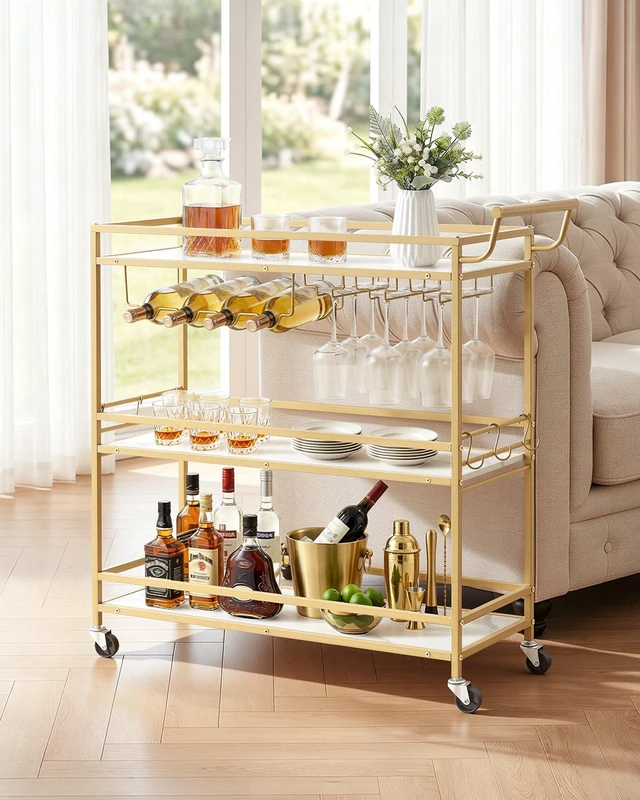 Alt view image 6 of 8 - VEVOR Bar Cart, 3 Tiers Home Kitchen Serving Carts, Modern Rolling Utility Station on Wheels, Mobile Drink Beverage Trolley with Wooden Shelf, Wine Rack, and Glass Holder, 35.83x12.99x36.81 in, Gold