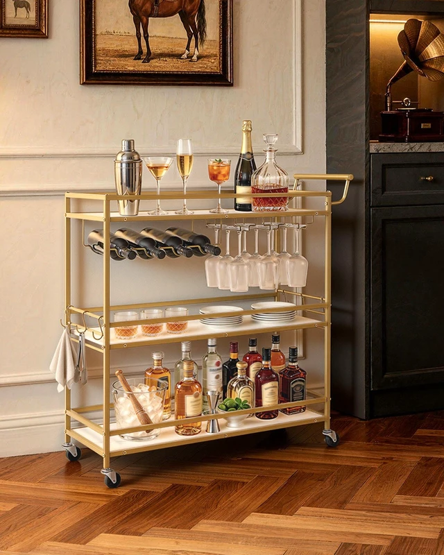 Alt view image 7 of 8 - VEVOR Bar Cart, 3 Tiers Home Kitchen Serving Carts, Modern Rolling Utility Station on Wheels, Mobile Drink Beverage Trolley with Wooden Shelf, Wine Rack, and Glass Holder, 35.83x12.99x36.81 in, Gold