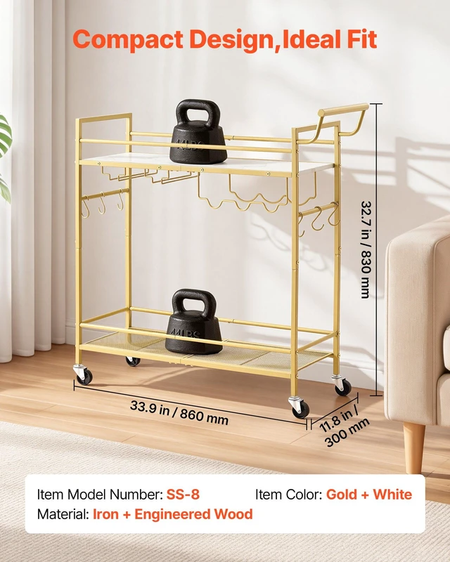 Alt view image 2 of 8 - VEVOR Bar Cart, 2 Tiers Home Kitchen Serving Carts, Modern Rolling Utility Station on Wheel, Mobile Drink Beverage Trolley with Wooden & Mesh Shelf, Wine Rack, Glass Holder, 33.86x11.81x32.68 in, Gold