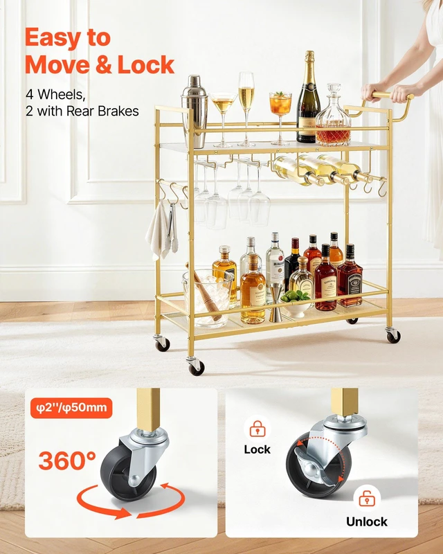 Alt view image 3 of 8 - VEVOR Bar Cart, 2 Tiers Home Kitchen Serving Carts, Modern Rolling Utility Station on Wheel, Mobile Drink Beverage Trolley with Wooden & Mesh Shelf, Wine Rack, Glass Holder, 33.86x11.81x32.68 in, Gold