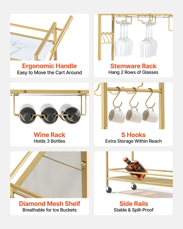 Alt view image 4 of 8 - VEVOR Bar Cart, 2 Tiers Home Kitchen Serving Carts, Modern Rolling Utility Station on Wheel, Mobile Drink Beverage Trolley with Wooden & Mesh Shelf, Wine Rack, Glass Holder, 33.86x11.81x32.68 in, Gold