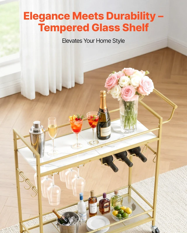 Alt view image 5 of 8 - VEVOR Bar Cart, 2 Tiers Home Kitchen Serving Carts, Modern Rolling Utility Station on Wheel, Mobile Drink Beverage Trolley with Wooden & Mesh Shelf, Wine Rack, Glass Holder, 33.86x11.81x32.68 in, Gold
