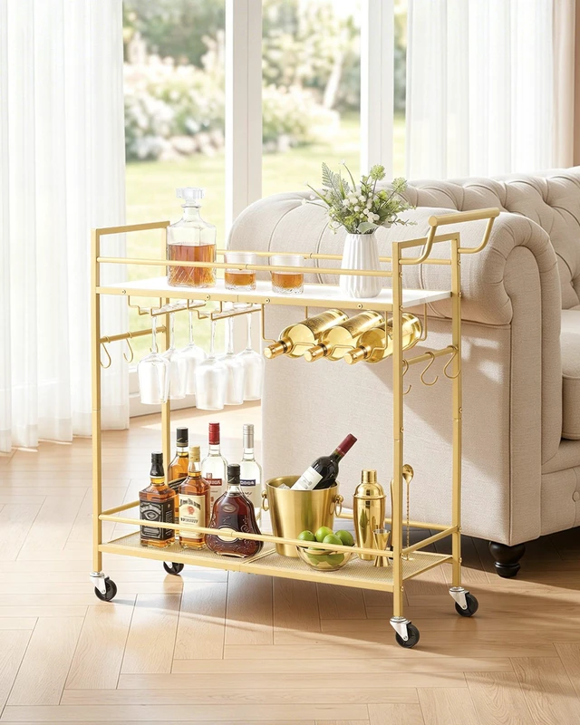 Alt view image 6 of 8 - VEVOR Bar Cart, 2 Tiers Home Kitchen Serving Carts, Modern Rolling Utility Station on Wheel, Mobile Drink Beverage Trolley with Wooden & Mesh Shelf, Wine Rack, Glass Holder, 33.86x11.81x32.68 in, Gold
