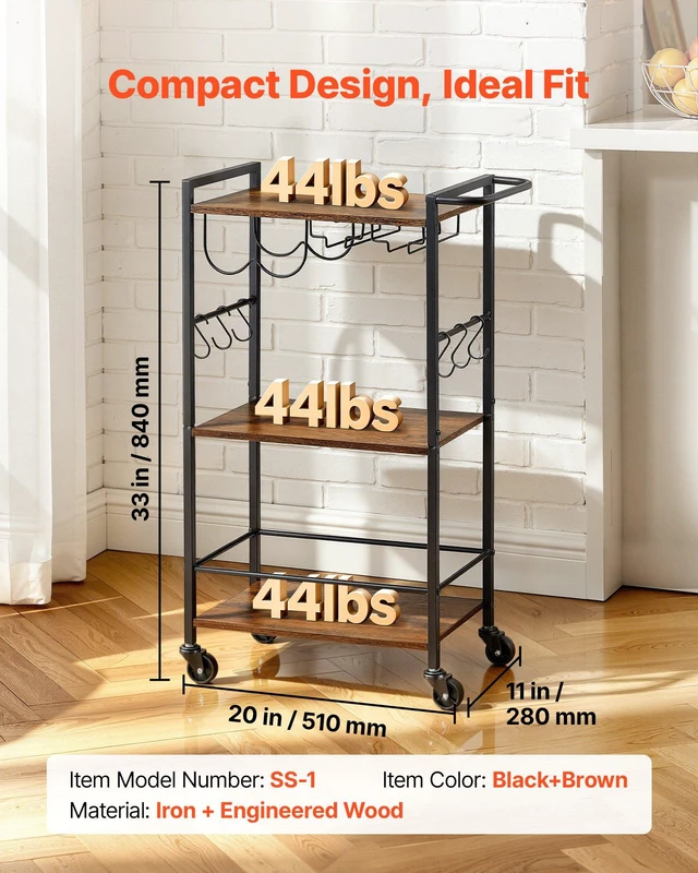 Alt view image 2 of 8 - VEVOR Bar Cart, 3 Tiers Home Kitchen Serving Carts, Industrial Rolling Utility Station on Wheel, Mobile Drink Beverage Shelf with Wine Rack & Glass Holder, 20.08x11.02x33.07 in, Rustic Brown and Black