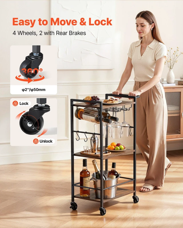 Alt view image 3 of 8 - VEVOR Bar Cart, 3 Tiers Home Kitchen Serving Carts, Industrial Rolling Utility Station on Wheel, Mobile Drink Beverage Shelf with Wine Rack & Glass Holder, 20.08x11.02x33.07 in, Rustic Brown and Black