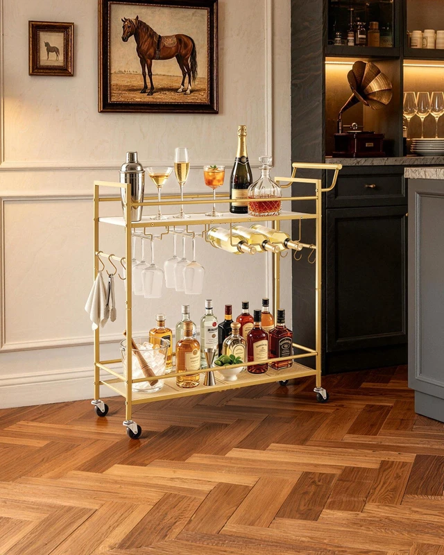Alt view image 7 of 8 - VEVOR Bar Cart, 2 Tiers Home Kitchen Serving Carts, Modern Rolling Utility Station on Wheel, Mobile Drink Beverage Trolley with Wooden & Mesh Shelf, Wine Rack, Glass Holder, 33.86x11.81x32.68 in, Gold