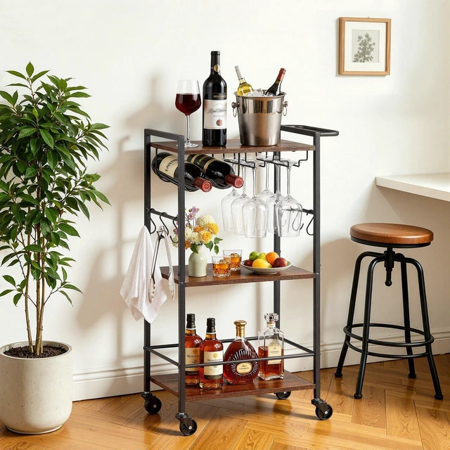 Main image of VEVOR Bar Cart, 3 Tiers Home Kitchen Serving Carts, Industrial Rolling Utility Station on Wheel, Mobile Drink Beverage Shelf with Wine Rack & Glass Holder, 20.08x11.02x33.07 in, Rustic Brown and Black