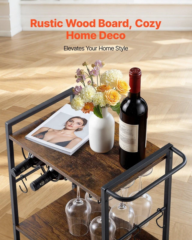 Alt view image 5 of 8 - VEVOR Bar Cart, 3 Tiers Home Kitchen Serving Carts, Industrial Rolling Utility Station on Wheel, Mobile Drink Beverage Shelf with Wine Rack & Glass Holder, 20.08x11.02x33.07 in, Rustic Brown and Black