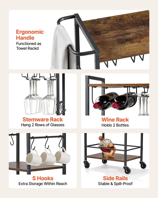 Alt view image 4 of 8 - VEVOR Bar Cart, 3 Tiers Home Kitchen Serving Carts, Industrial Rolling Utility Station on Wheel, Mobile Drink Beverage Shelf with Wine Rack & Glass Holder, 20.08x11.02x33.07 in, Rustic Brown and Black
