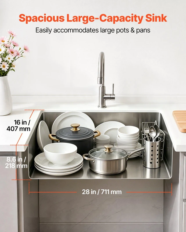 Alt view image 2 of 8 - VEVOR 30-inch Kitchen Undermount Single Bowl Sinks, Stainless Steel Drop-In Farmhouse Basin with Accessories, Household Dishwasher Sinks for RV, Prep Kitchen, Laundry Room, Bar