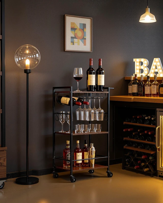 Alt view image 7 of 8 - VEVOR Bar Cart, 3 Tiers Home Kitchen Serving Carts, Industrial Rolling Utility Station on Wheel, Mobile Drink Beverage Shelf with Wine Rack & Glass Holder, 20.08x11.02x33.07 in, Rustic Brown and Black