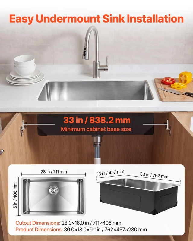 Alt view image 7 of 8 - VEVOR 30-inch Kitchen Undermount Single Bowl Sinks, Stainless Steel Drop-In Farmhouse Basin with Accessories, Household Dishwasher Sinks for RV, Prep Kitchen, Laundry Room, Bar