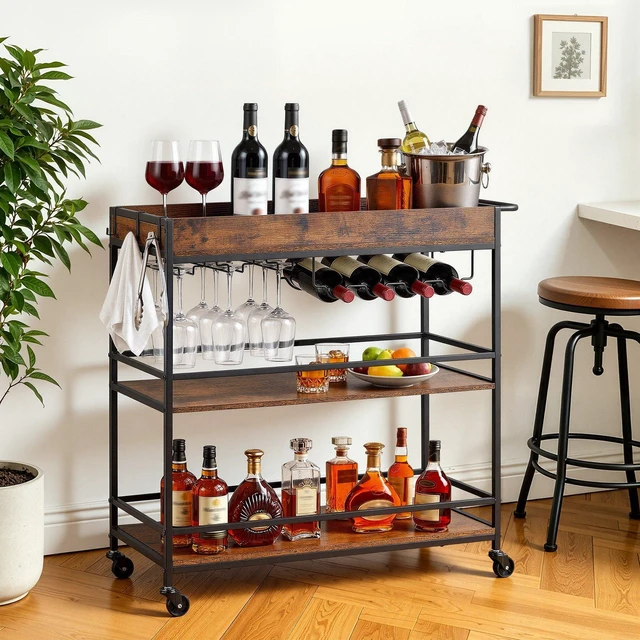 Main image of VEVOR Bar Cart, 3 Tiers Home Kitchen Serving Carts, Industrial Rolling Utility Station on Wheel, Mobile Drink Beverage Shelf with Wine Rack & Glass Holder, 34.64x14.17x32.68 in, Rustic Brown and Black