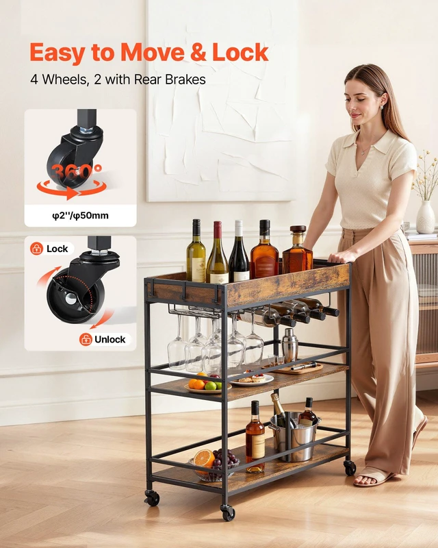 Alt view image 3 of 8 - VEVOR Bar Cart, 3 Tiers Home Kitchen Serving Carts, Industrial Rolling Utility Station on Wheel, Mobile Drink Beverage Shelf with Wine Rack & Glass Holder, 34.64x14.17x32.68 in, Rustic Brown and Black