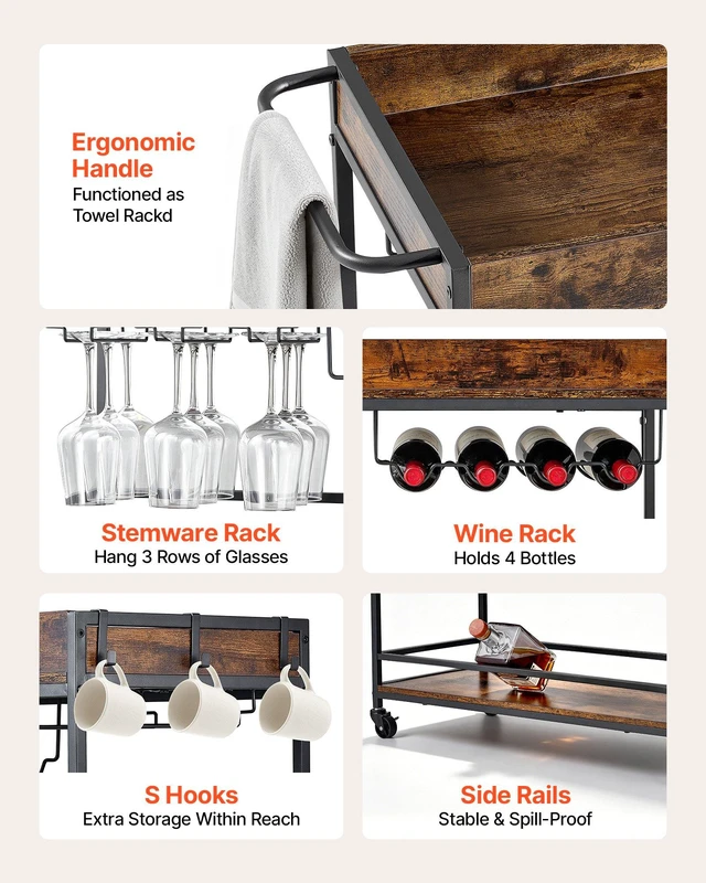 Alt view image 4 of 8 - VEVOR Bar Cart, 3 Tiers Home Kitchen Serving Carts, Industrial Rolling Utility Station on Wheel, Mobile Drink Beverage Shelf with Wine Rack & Glass Holder, 34.64x14.17x32.68 in, Rustic Brown and Black