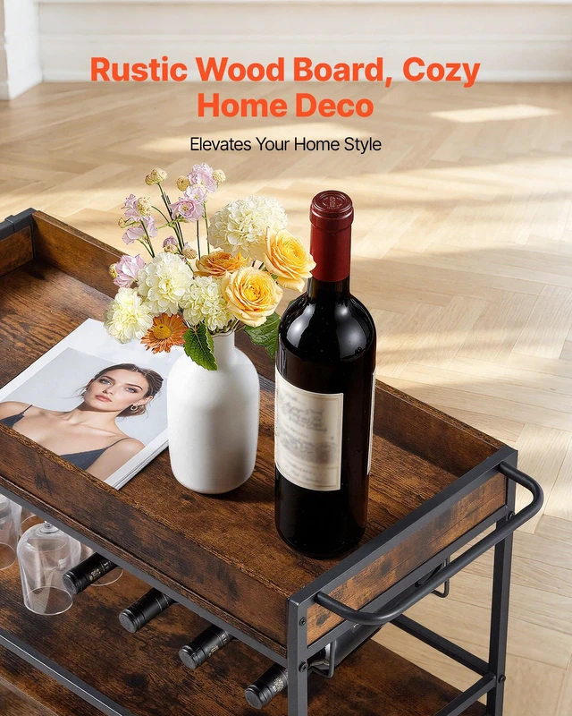 Alt view image 5 of 8 - VEVOR Bar Cart, 3 Tiers Home Kitchen Serving Carts, Industrial Rolling Utility Station on Wheel, Mobile Drink Beverage Shelf with Wine Rack & Glass Holder, 34.64x14.17x32.68 in, Rustic Brown and Black