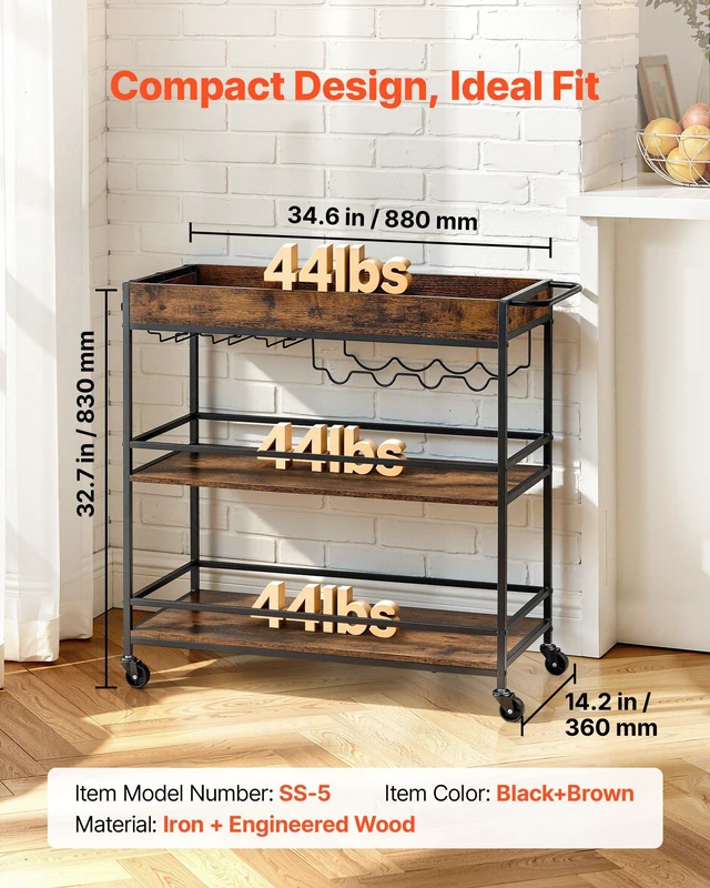 Alt view image 2 of 8 - VEVOR Bar Cart, 3 Tiers Home Kitchen Serving Carts, Industrial Rolling Utility Station on Wheel, Mobile Drink Beverage Shelf with Wine Rack & Glass Holder, 34.64x14.17x32.68 in, Rustic Brown and Black